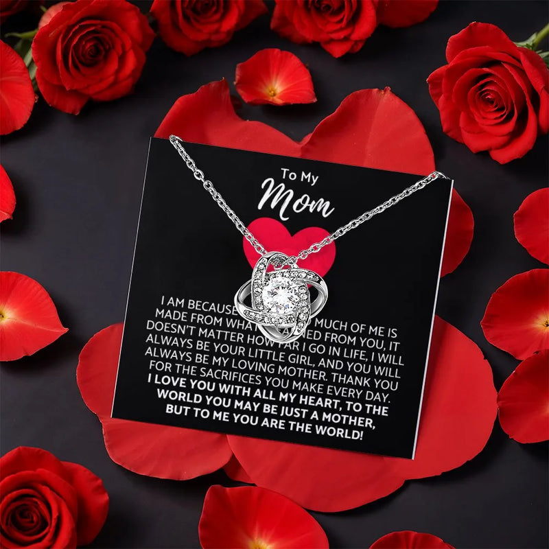 Mother Message Card Necklace, Mom Love Knot Necklace, White Gold Finish CZ Crystal Pendant Necklace, Birthday Christmas Present for Mother