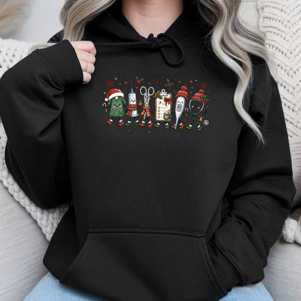 Humorous Nurse Christmas Hooded Sweatshirt, Medical Christmas Squad Hoodie, Adorable Holiday Doodle Hoodie, Healthcare Worker