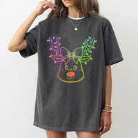 Coquette Bow Holiday T-Shirt, Neon Reindeer Christmas T-Shirt, Retro Adorable Deer Graphic Tee, Festive Girly Winter Top, Xmas Reindeer T-Shirt