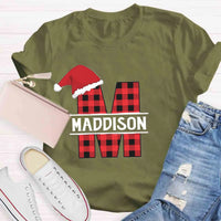 Custom Name Buffalo Plaid Holiday Graphic Tee, Personalized Plaid Christmas T-Shirt, Matching Family Xmas Shirt, Christmas Eve Present