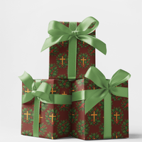 Holly Berry Christmas Gift Wrap, Gold Cross Wrapping Paper, Religious Christmas Wrapping Paper, Christian Holiday Gift Wrap Paper Roll