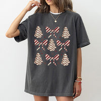Retro Coquette Bow Graphic Tee, Christmas Tree Cake T-Shirt, Adorable Holiday Tree Cake Shirt, Vintage Pastel Xmas Snack Tee, Present for Her