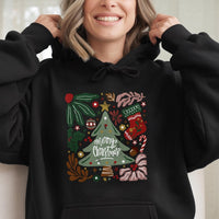 Botanical Christmas Tree Graphic Pullover, Merry Christmas Tree Hoodie, Comfy Winter Holiday Hooded Sweatshirt, Festive Xmas Present for Adults