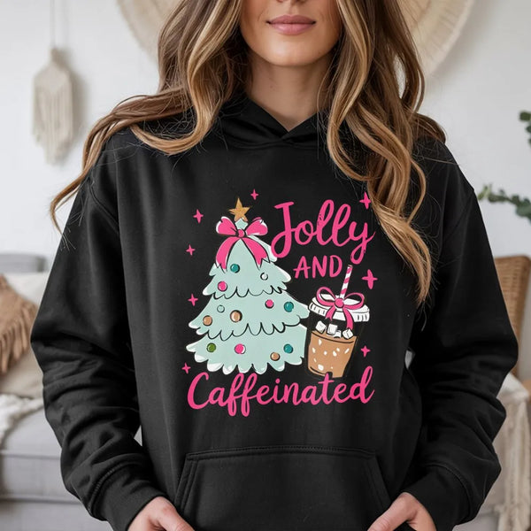 Christmas Coffee Lover Hooded Sweatshirt, Jolly and Caffeinated Hoodie, Retro Pink Christmas Tree Hoodie, Holiday Coffee Pres