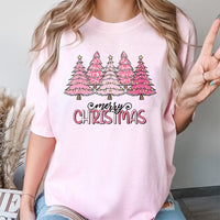 Merry Christmas T-Shirt, Pink Leopard Christmas Tree Shirt, Pink Holiday Trees Graphic Tee, Adorable Festive Christmas Shirt, Present for Her