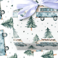 Retro Camper Van Gift Wrap, Vintage Blue Camper Wrapping Paper, Winter Pine Tree Camper Paper Roll, Christmas Travel Gift Wrapping Paper