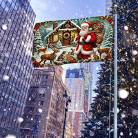 Winter Woodland Deer Cabin Banner, Santa Claus Christmas House Flag, Double-Sided Holiday Garden Flag, Rustic Xmas Lawn Decor