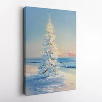 Impressionist Snowy Beach Canvas Print, White Christmas Tree Canvas Wall Art, Coastal Holiday Wall Decor, Winter Ocean Canvas Art Home Present