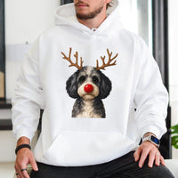 Humorous Red Nose Rudolph Puppy Hooded Sweatshirt, Christmas Reindeer Dog Hoodie, Adorable Winter Holiday Pet Sweater, Xmas Dog Lover Present