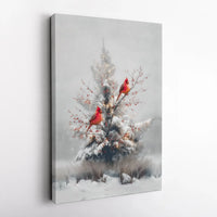 Snowy Winter Pine Tree Canvas, Red Cardinal Canvas Wall Art, Cardinal with Red Berries Canvas Print, Christmas Holiday Seasonal Wall Decor