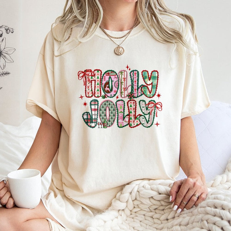 Preppy Bow Holiday Graphic Tee, Holly Jolly Christmas T-Shirt, Adorable Festive Season Xmas Shirt, Vintage Winter T-Shirt Present for Women