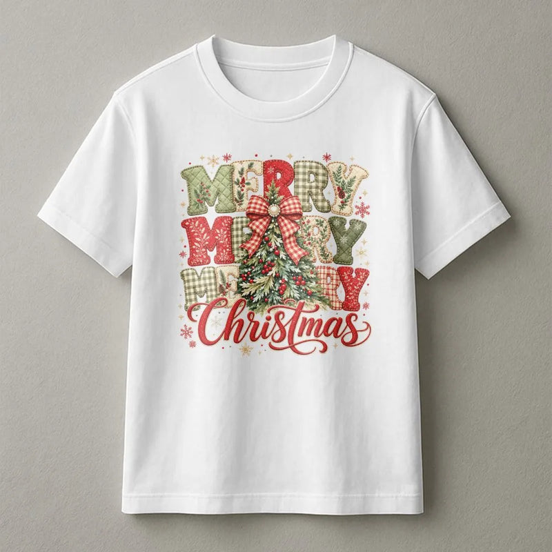 Patchwork Christmas Shirt, Merry Christmas Tree Shirt, Vintage Holiday Graphic Tee, Festive Christmas T-Shirt, Christmas Present for Her