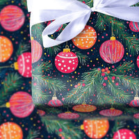Navy Pine Branch Gift Wrap, Watercolor Ornament Christmas Wrapping Paper, Colorful Bauble Wrapping Paper, Festive Holiday Wrapping Paper