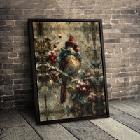 Whimsical Bird Canvas Print, Winter Cardinal Canvas Wall Art, Comfy Christmas Canvas Painting, Winter Holiday Wall Decor, Bird Lover Present