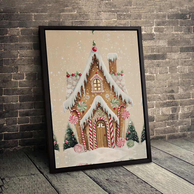Whimsical Holiday Canvas Print, Gingerbread House Christmas Canvas Wall Art, Candy Cane Winter Wall Decor, Festive Christmas Season Present
