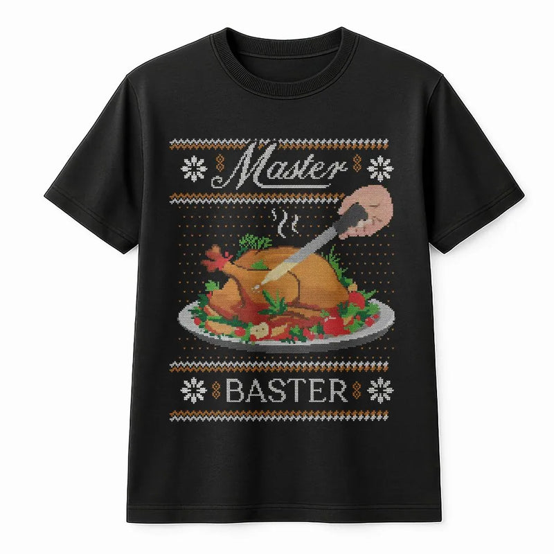 Humorous Thanksgiving Food Pun Shirt, Master Baster T-Shirt, Turkey Chef Graphic Tee, Sarcastic Christmas Holiday Present for Dad T-Shirt