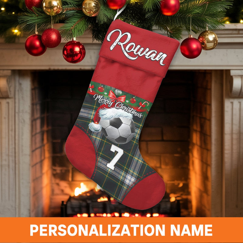 Custom Name and Jersey Number Holiday Stocking, Personalized Soccer Christmas Stocking, Plaid Xmas Stocking, Holiday Decor Present