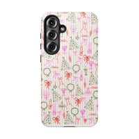 Holiday Wreath and Bow Pattern Phone Cover, Pink Stripe Christmas Phone Case, Festive Winter Samsung Galaxy Case, Xmas Present for Her