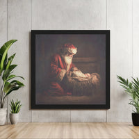 Holy Nativity Baby Jesus Wall Art, Santa Kneeling at Manger Canvas, Religious Santa Canvas Print, Christian Christmas Canvas Decor Present