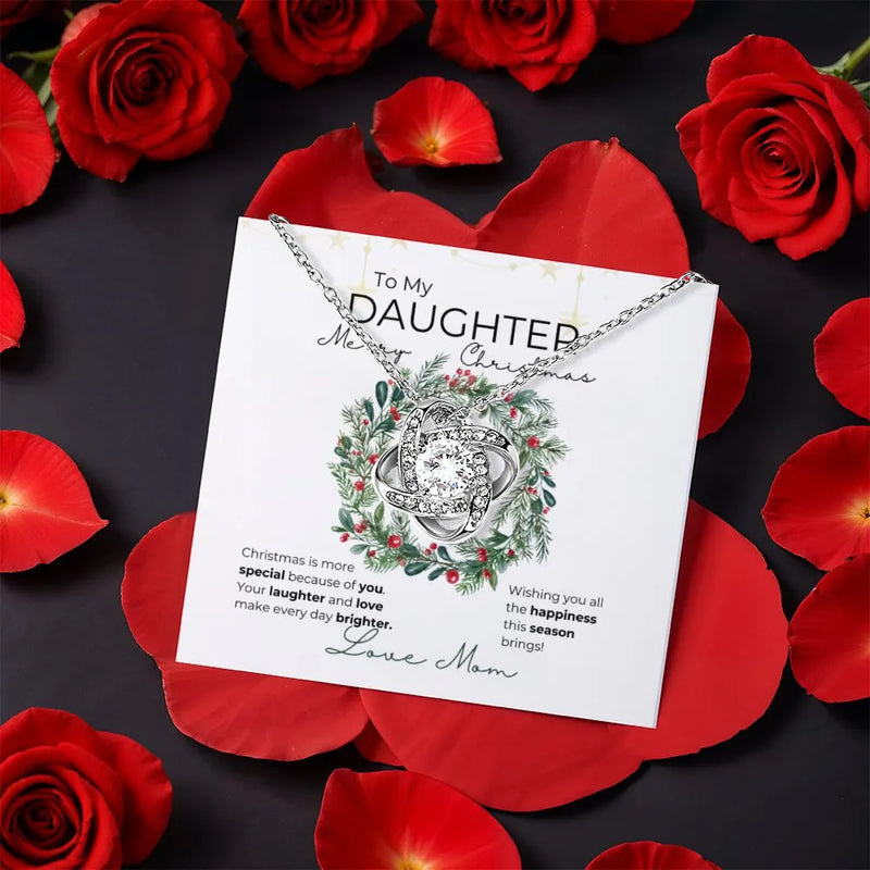 Rotating Rose Box Jewelry Set, Daughter Christmas Love Knot Necklace, Gold Finish Daughter Necklace, Holiday Keepsake Present from Mom