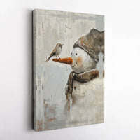 Winter Bird Oil Painting Canvas Print, Snowman Canvas Wall Art, Holiday Snowman Canvas, Christmas Wall Decor, Comfy Winter Home Decor Present