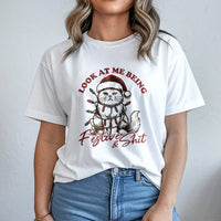 Kitten Tangled in Lights Shirt, Humorous Grumpy Cat Christmas T-Shirt, Sarcastic Holiday Graphic Tee, Cat Lover Christmas Graphic T-Shirt