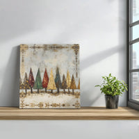 Abstract Christmas Trees Canvas Print, Rustic Gold Leaf Winter Pine Forest Canvas Art, Holiday Landscape Canvas Wall Art, Seasonal Decor