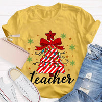 Bow Christmas Tree Colorful Lights Graphic Tee, Teacher Christmas T-Shirt, Festive Holiday Educator Shirt, Xmas Present