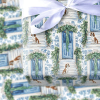 Blue Chinoiserie Toile Gift Wrap, Cavalier King Charles Spaniel Wrapping Paper, Dog Christmas Wrapping Paper, Holiday Pet Gift Wrap