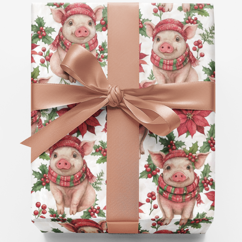 Adorable Winter Pig Holiday Gift Wrap, Christmas Piglet Wrapping Paper, Farmhouse Xmas Wrapping Paper Roll