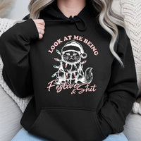 Grumpy Kitten Holiday Hoodie, Humorous Christmas Cat Hoodie, Sarcastic Xmas Animal Sweatshirt, Adorable Cat Lover Pullover Hoodie Present