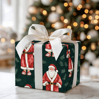 Dark Green Pine Holiday Gift Wrap, Watercolor Santa Claus Wrapping Paper, Vintage Christmas Wrapping Paper, Festive Winter Season Gift Wrap