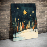 Winter Forest with Gold Star Canvas Print, Christmas Starry Night Canvas Art, Holiday Landscape Wall Decor, Comfy Seasonal Canvas Art