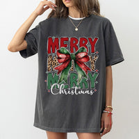 Coquette Bow Leopard Print Shirt, Merry Christmas T-Shirt, Trendy Holiday Graphic Tee, Preppy Christmas Tee, Adorable Xmas Present for Women