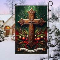 Ornate Cross Yard Flag, Jesus Is the Reason for the Season Christmas Garden Flag, Double-Sided Christian Holiday Lawn Flag
