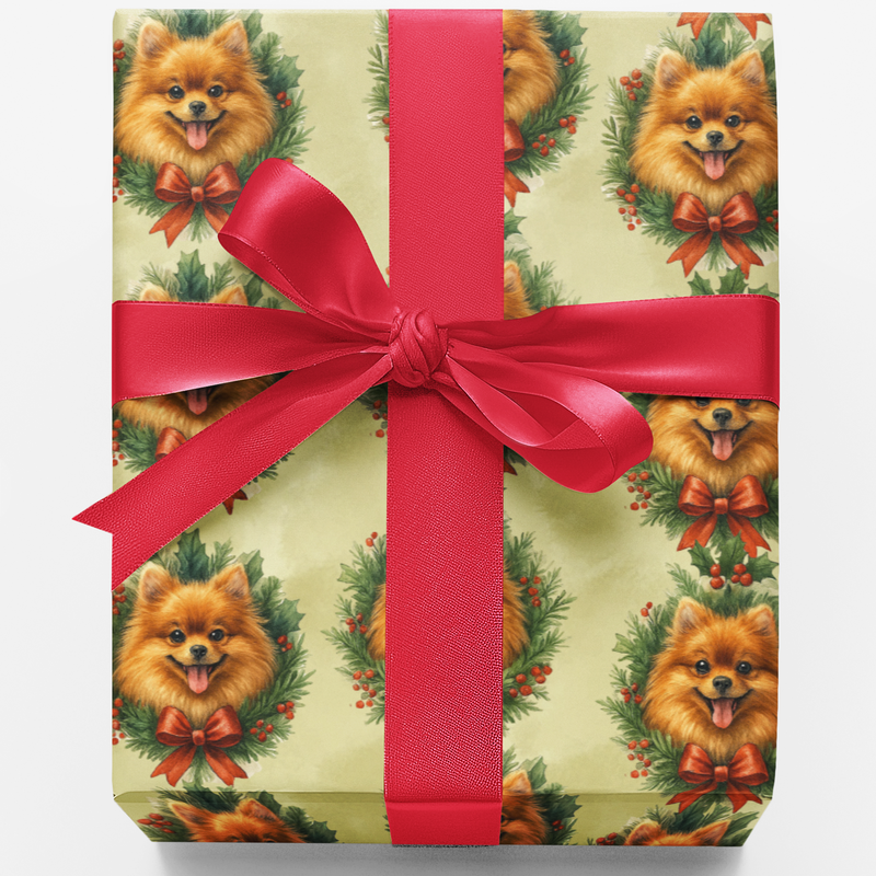 Festive Dog Gift Wrap Paper, Pomeranian Christmas Wrapping Paper, Holiday Pet Wreath Wrapping Paper, Adorable Puppy Gift Wrap Roll, Xmas Paper