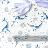 Adorable Narwhal Christmas Gift Wrap, Watercolor Narwhal Wrapping Paper, Winter Wonderland Narwhal Wrapping Paper, Holiday Animal Gift Wrap