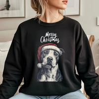 Santa Hat Dog Holiday Sweatshirt, Pitbull Christmas Sweatshirt, Adorable Pit Bull Dog Mom Crewneck, Festive Puppy Lover Pullover Sweatshirt