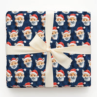 Woodland Animal Christmas Gift Wrap, Fox in Santa Hat Wrapping Paper, Navy Blue Holiday Present Paper