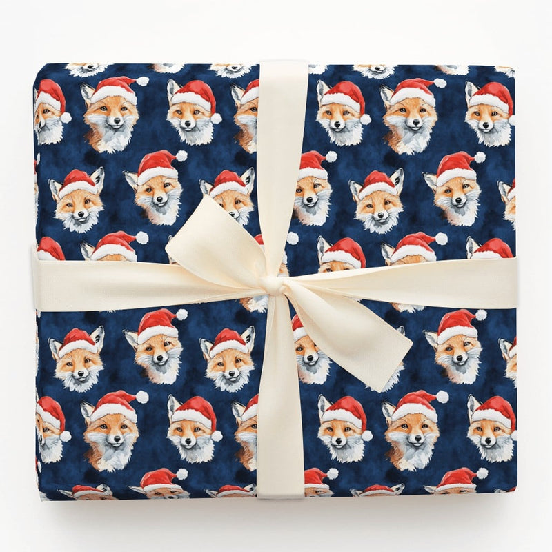 Woodland Animal Christmas Gift Wrap, Fox in Santa Hat Wrapping Paper, Navy Blue Holiday Present Paper