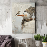 Winter Bird Oil Painting Canvas Print, Snowman Canvas Wall Art, Holiday Snowman Canvas, Christmas Wall Decor, Comfy Winter Home Decor Present