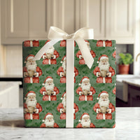 Comfy Christmas Santa Gift Wrap, Vintage Santa Hot Cocoa Wrapping Paper, Retro Green Holiday Wrapping Paper, Festive Winter Present Gift Wrap