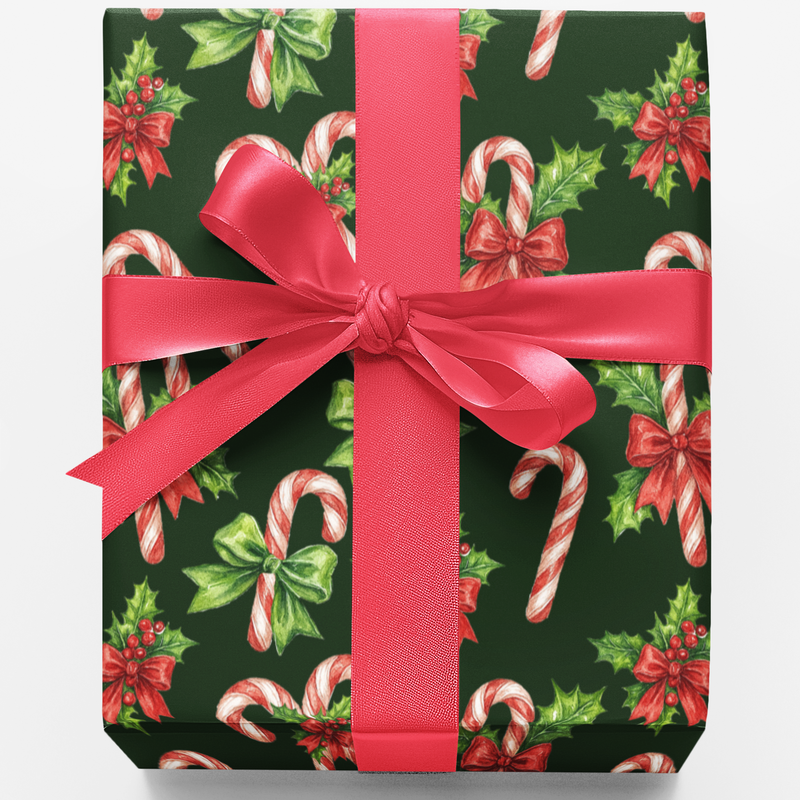 Holly Holiday Gift Wrap, Watercolor Candy Cane Christmas Wrapping Paper, Festive Xmas Present Wrapping Paper, Winter Season Gift Wrap Roll