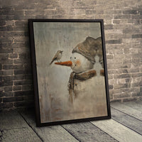 Winter Bird and Snowman Canvas Print, Rustic Snowman Canvas Wall Art, Country Holiday Wall Art, Seasonal Christmas Canvas Decor, Xmas Present