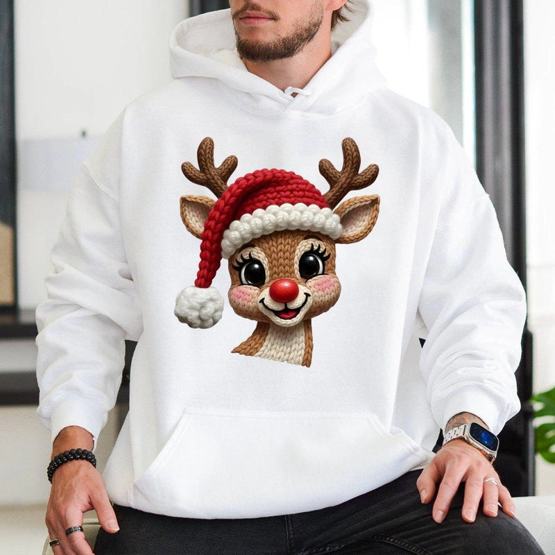 Faux Knit Red Nose Reindeer Hoodie, Reindeer Christmas Hoodie, Adorable Holiday Reindeer Graphic Hooded Sweatshirt, Xmas Present for Men and Women