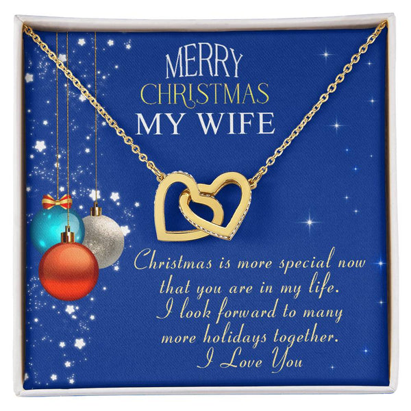 CZ Heart Pendant Necklace, Merry Christmas Wife Interlocking Hearts Necklace, Surgical Steel Jewelry, Romantic Holiday Keepsa