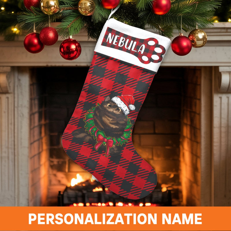 Buffalo Plaid Holiday Stocking, Personalized Cat Christmas Stocking, Custom Name Pet Lover Xmas Stocking, Festive Velboa Fireplace Decor