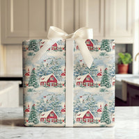 Red Cabin and Church Gift Wrap, Winter Village Christmas Wrapping Paper, Cardinal Bird Holiday Wrapping Paper, Scenic Winter Gift Wrap Roll