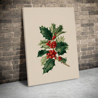 Vintage Botanical Illustration Canvas Print, Holly Berries Canvas Art, Winter Plant Wall Art, Holiday Nature Canvas Decor, Christmas Present