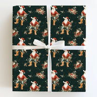 Western Floral Holiday Gift Wrap, Cowboy Santa Christmas Wrapping Paper, Rustic Country Santa Wrapping Paper, Dark Green Xmas Gift Wrap